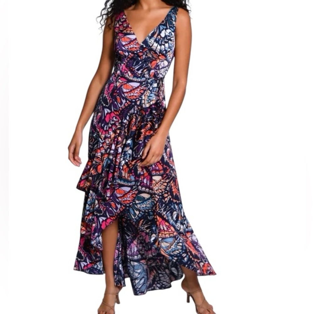 Hutch V-Neck High-Low Maxi Dress in Navy, Pink & Orange Butterfly Print